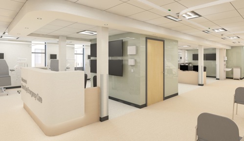 An overview of the SDEC area, with a welcome desk, seating, wall mounted screens and the nurses/ staff station. The area is clean and bright, mostly in white, cream and pale green decor.