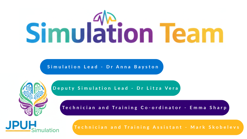 Simulation team graphic with the names of the team members on it in different colours - Simulation Lead - Dr Anna Bayston;  Deputy Simulation Lead - Dr Litza Vera;  Technician and Training Co-ordinator - Emma Sharp;  Technician and Training Assistant - Mark Skobelevs