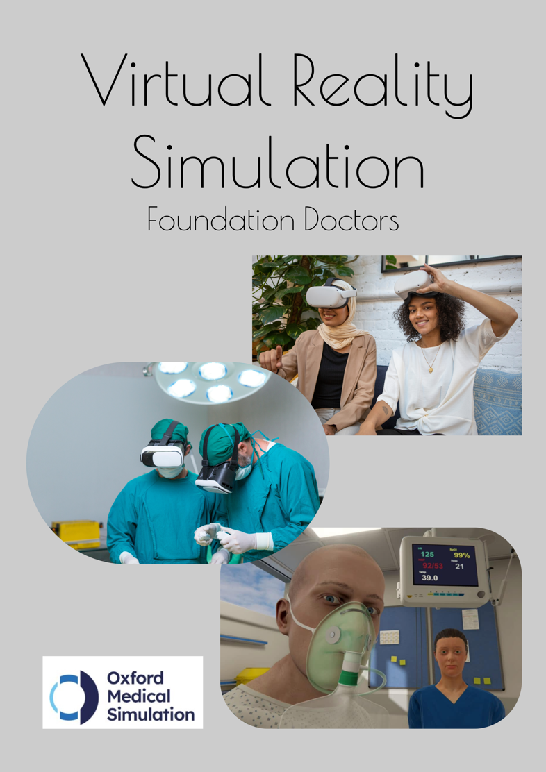 Virtual Reality Simulation graphic with photographs including doctors wearing virtual reality headsets.