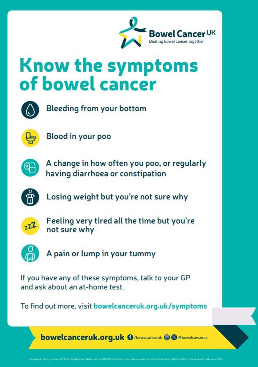 A 'Know the symptoms of bowel cancer' graphic from Bowel Cancer UK which includes a list of symptoms in the text above and urging you to talk to your GP if you have any of these symptoms.