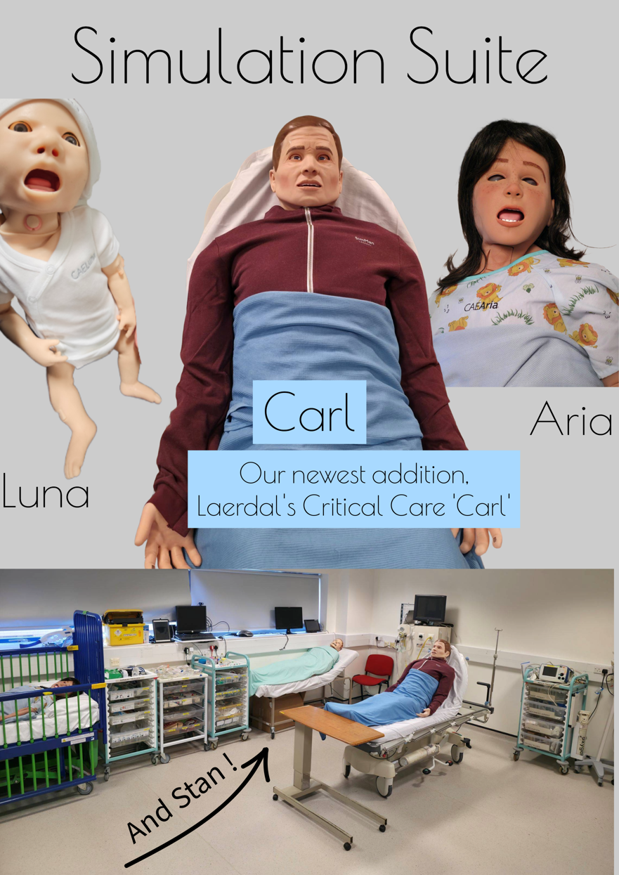 A simulation suite photo compilation featuring our simulation models Luna, Carol and Aria - life size dummies of a baby patient, man and woman.