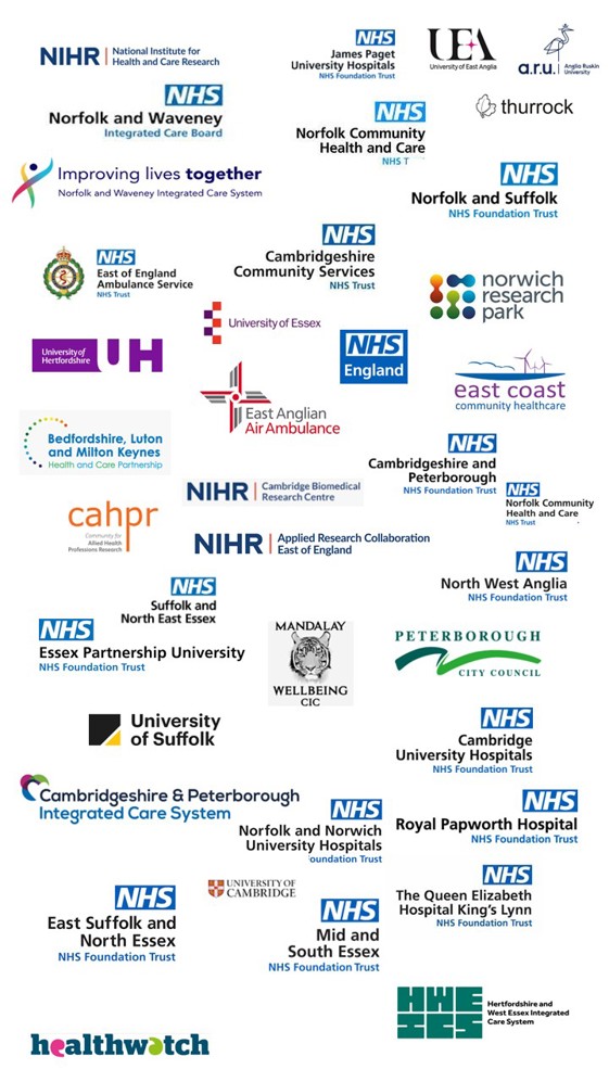 A collage of logos of partner agencies, which includes NHS services, local councils, ambulance services, hospitals and universities