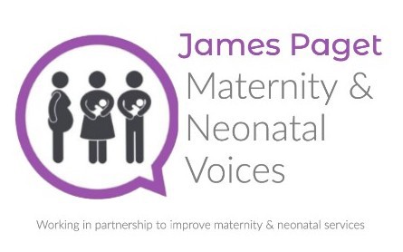The logo of James Paget Maternity and Neonatal Voices, which features a speech bubble with a purple outline and three black-and-white figures inside which are representations of a pregnant woman, a woman holding a baby and a man holding a baby.  Additional text on the logo/ graphic reads 'Working in partnership to improve maternity and neonatal services'.