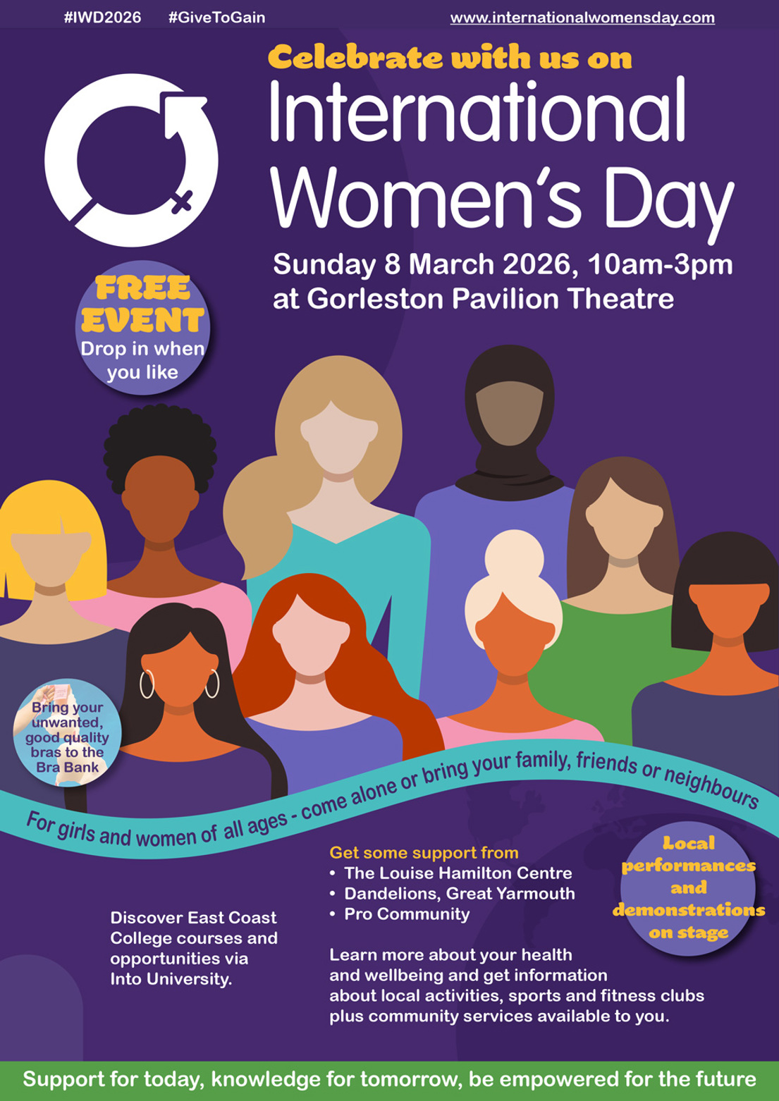 The International Weomen's Day event poster, which includes some of the information in the text and a graphic representation of different women.