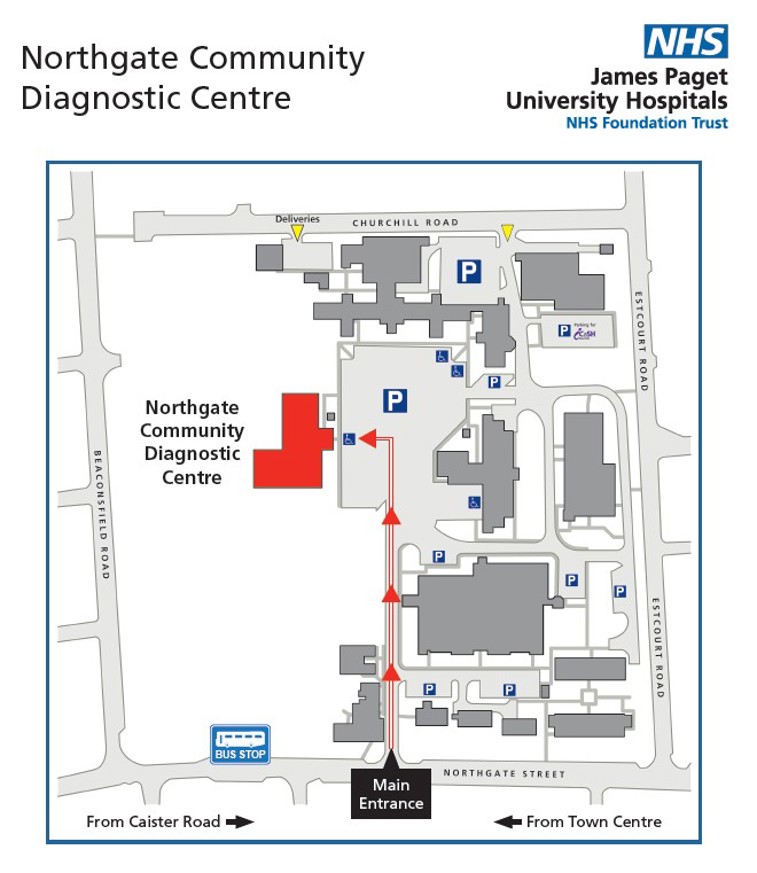 A map showing the location of the new Community Diagnostic Centre on the Northgate Hospital site. The map shows you can enter via the main entrance on Northgate Street in Great Yarmouth and drive straight ahead to the large main parking area directly in front of the centre which is a large building to the left as you enter. The map also shows the location of the bus stop, on Northgate Street just slightly along from the main entrance.